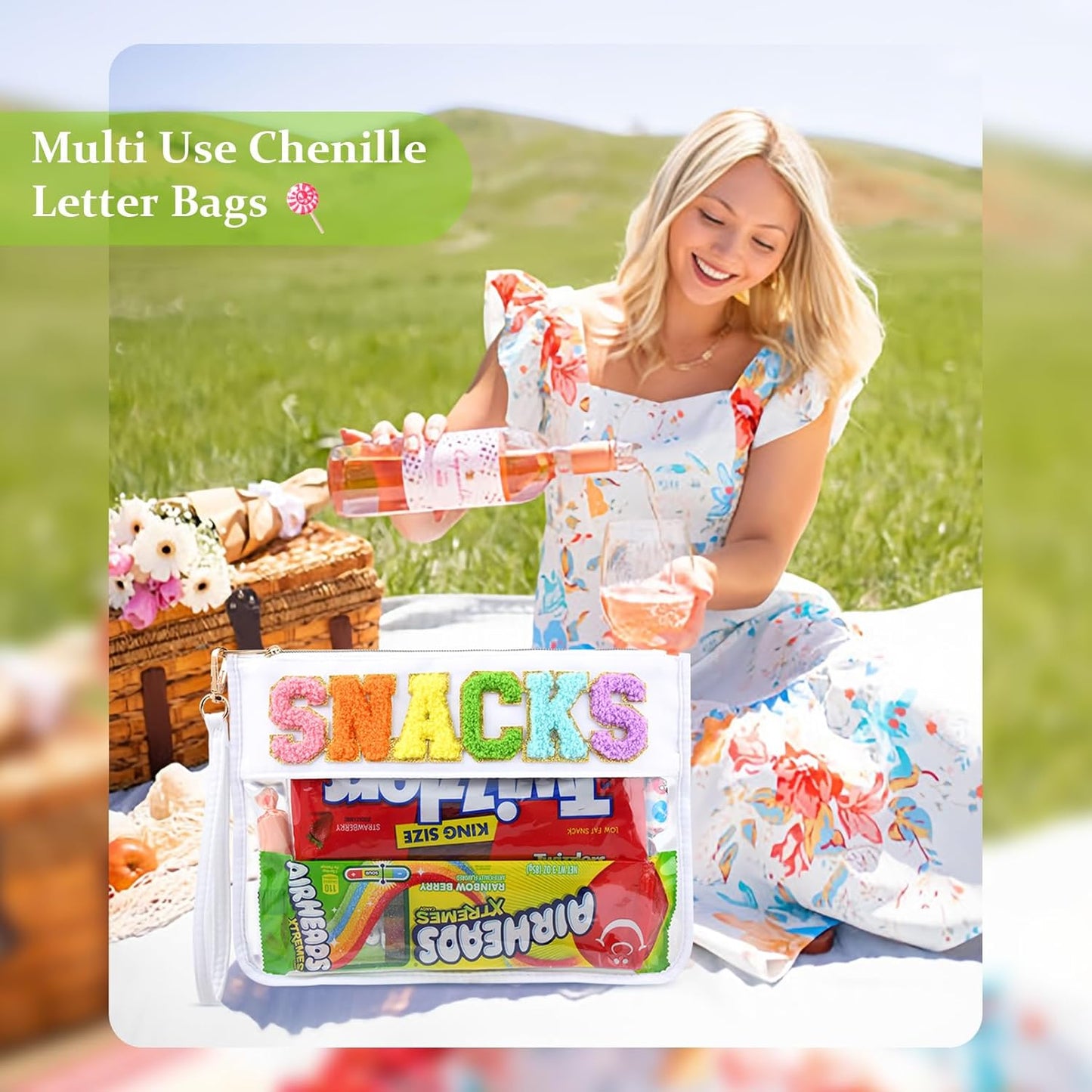 Snack Bags Clear Chenille Letter Pouch Travel Bag Zipper Nylon Makeup Bag Organizer Cosmetic Pouch Toiletry Bag Waterproof Summer Travel Gifts for Women