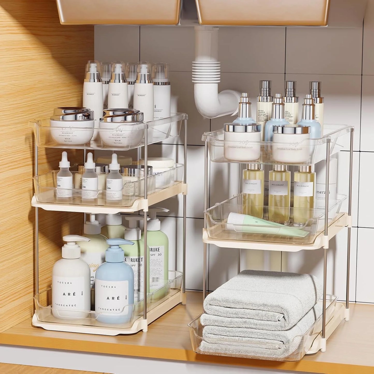 Maximize Your Space with 3 Tier Pull-Out Under Sink Organizer - 2 Sets of Stackable Bathroom & Pantry Storage Solutions!