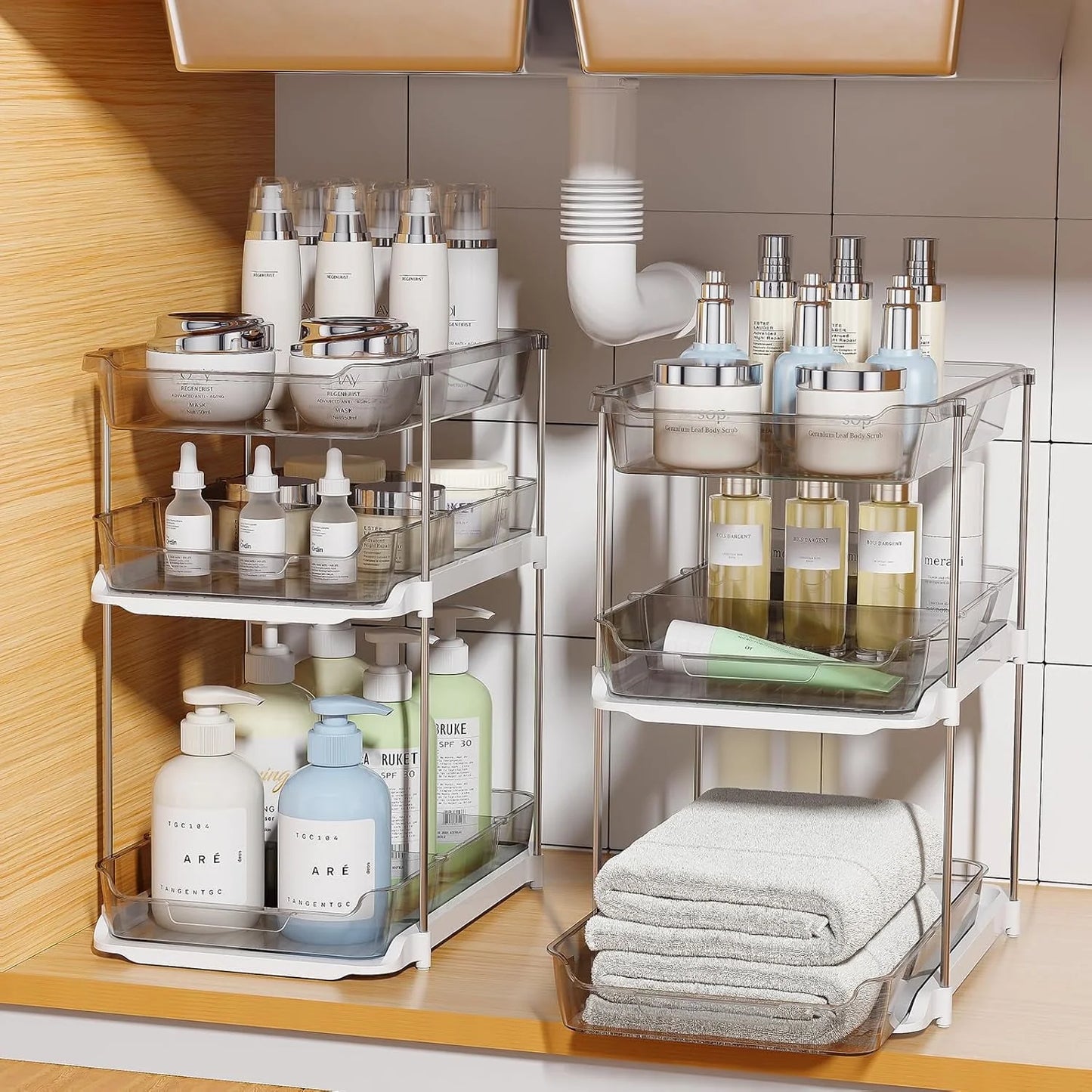 Maximize Your Space with 3 Tier Pull-Out Under Sink Organizer - 2 Sets of Stackable Bathroom & Pantry Storage Solutions!
