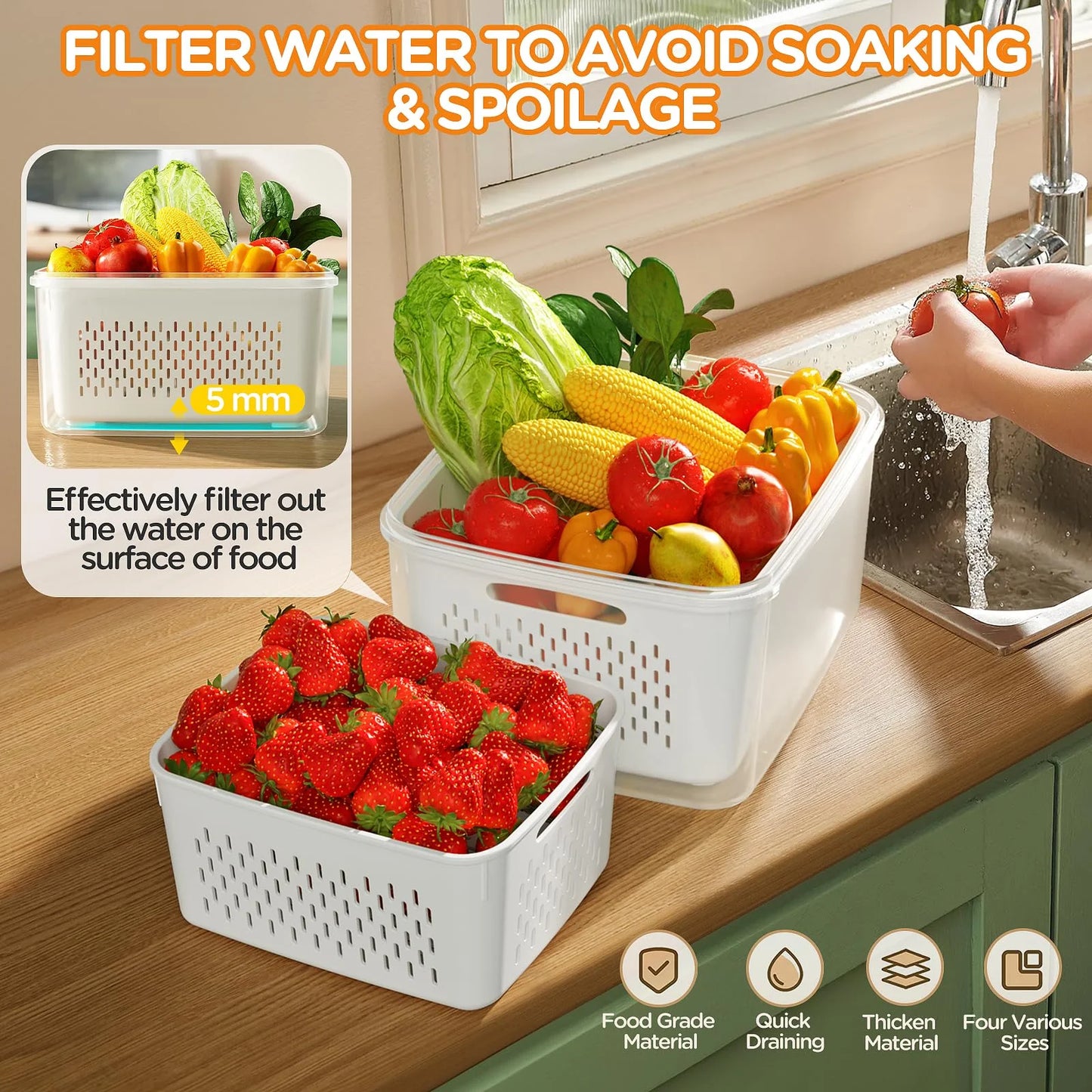 5 Pack Leakproof Fruit & Veggie Storage Containers with Colanders and Lids - Ultimate Fridge Organizer for Freshness