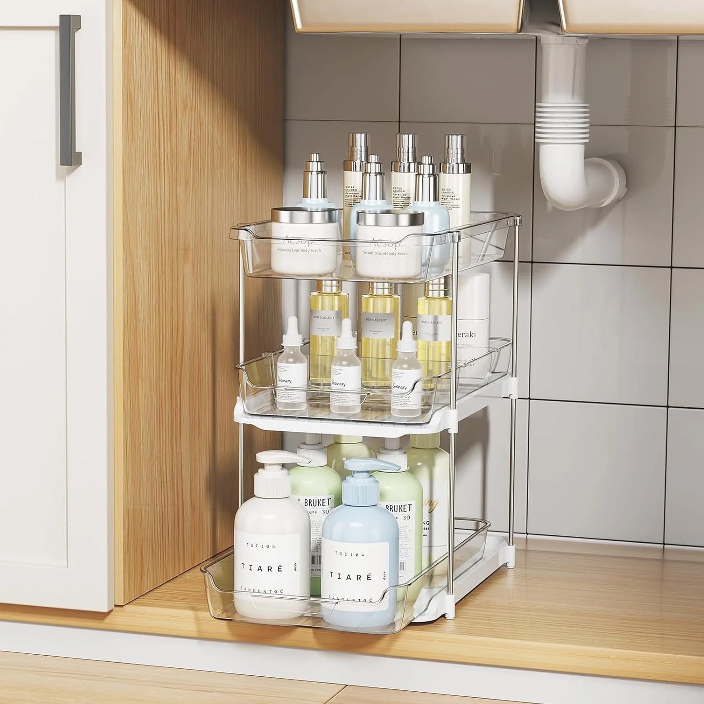 Maximize Your Space with 3 Tier Pull-Out Under Sink Organizer - 2 Sets of Stackable Bathroom & Pantry Storage Solutions!
