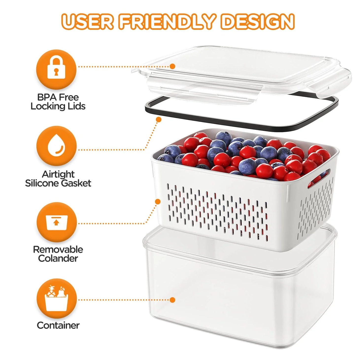 5 Pack Leakproof Fruit & Veggie Storage Containers with Colanders and Lids - Ultimate Fridge Organizer for Freshness