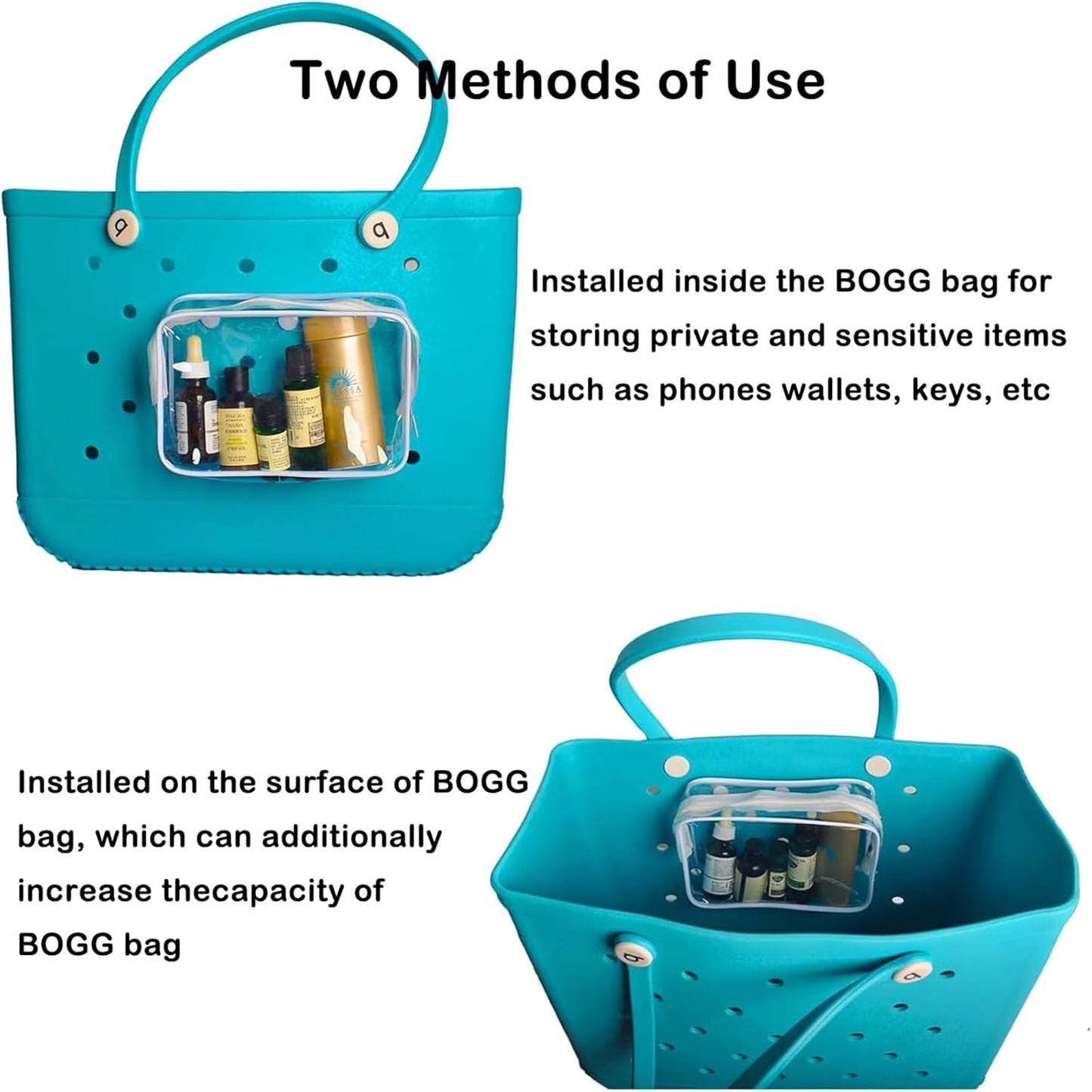 3 Packs Clear Bogg Beach Tote Bag with 2 Set Insert Hooks Accessories Suitable for Bogg Bags Travel Makeup Clean Toiletry Brush Bag Cosmetic Divider Storage Inner Pouch (White)