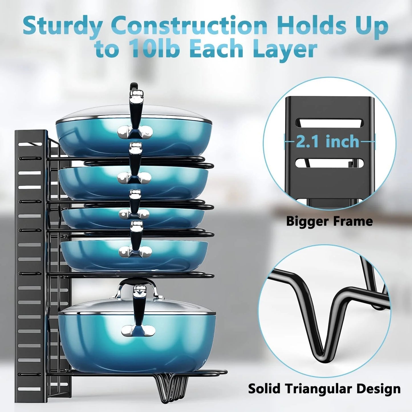 8-Tier Pot and Pan Organizer Rack – Upgraded Kitchen Storage Solution for Cookware and Lids