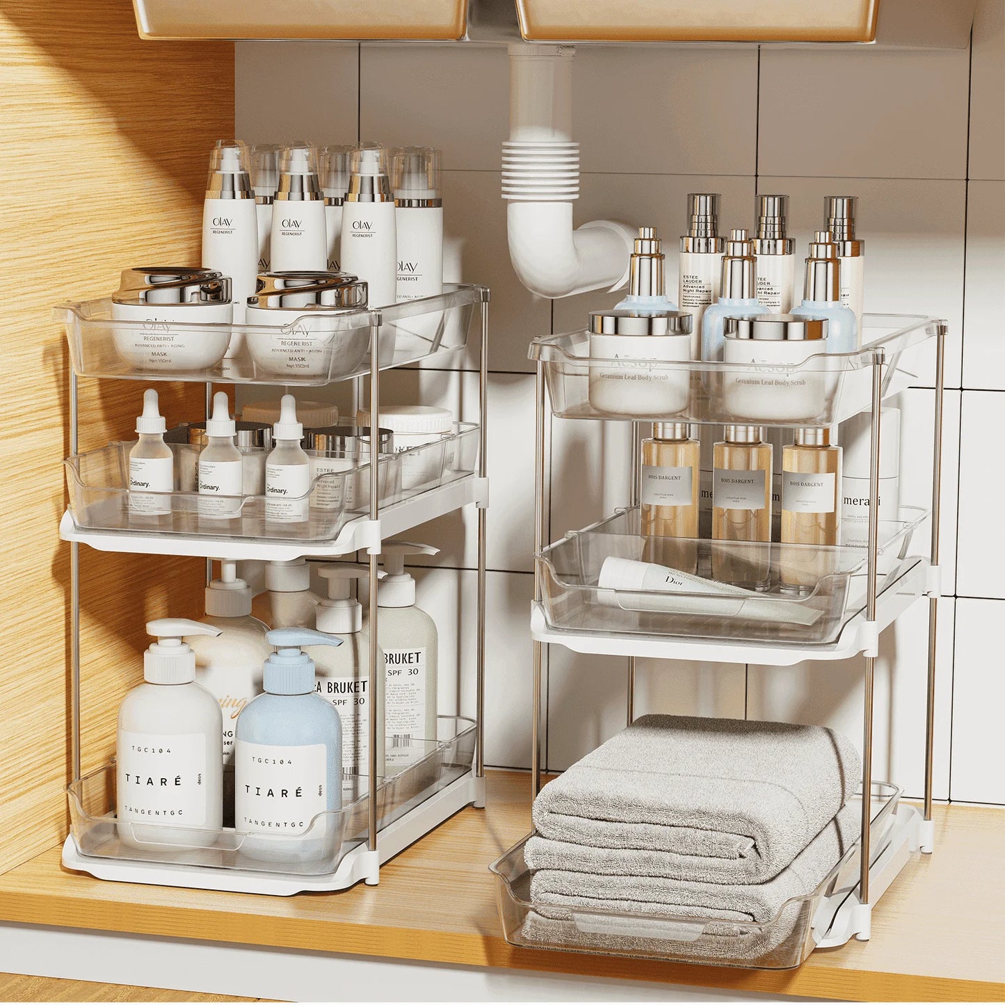 Maximize Your Space with 3 Tier Pull-Out Under Sink Organizer - 2 Sets of Stackable Bathroom & Pantry Storage Solutions!