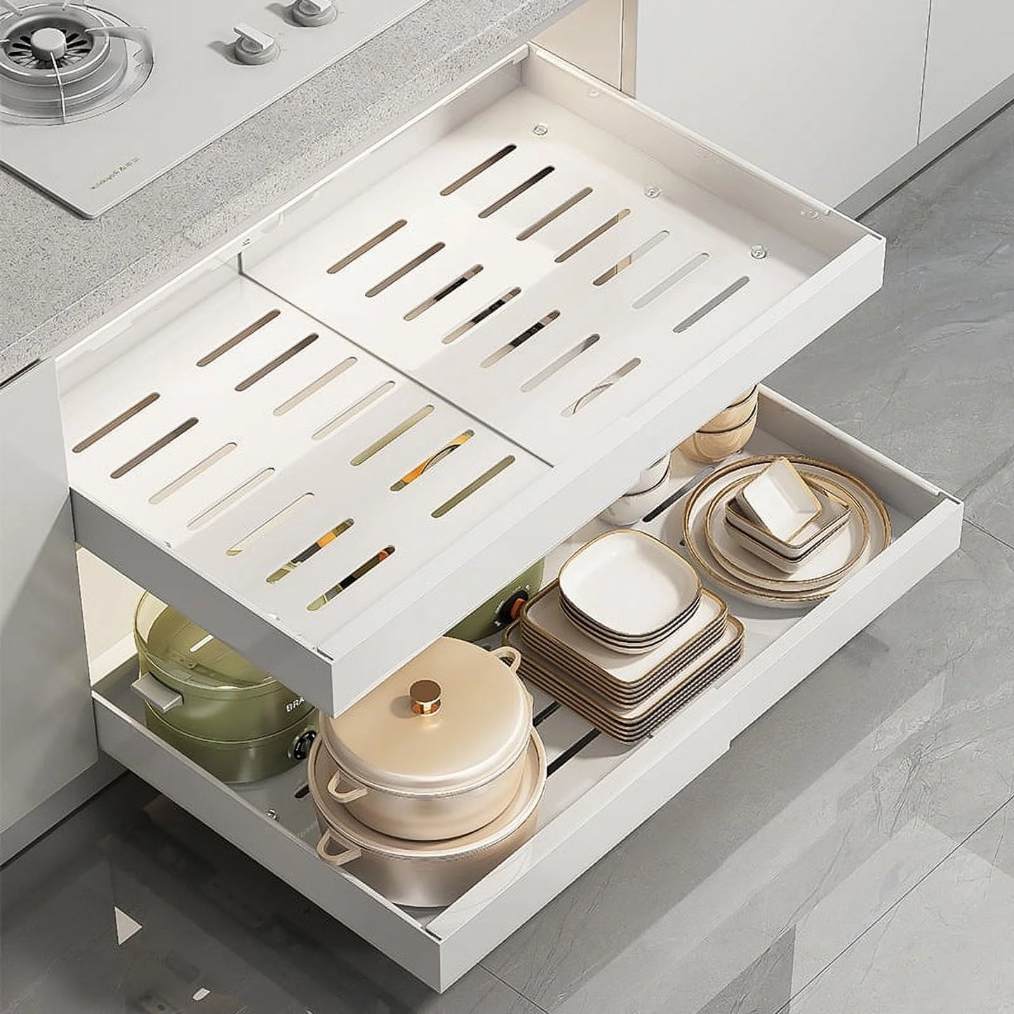 Extendable Pull-Out Cabinet Drawer Organizer - Heavy Duty Sliding Pantry Shelves for Under-Sink Storage