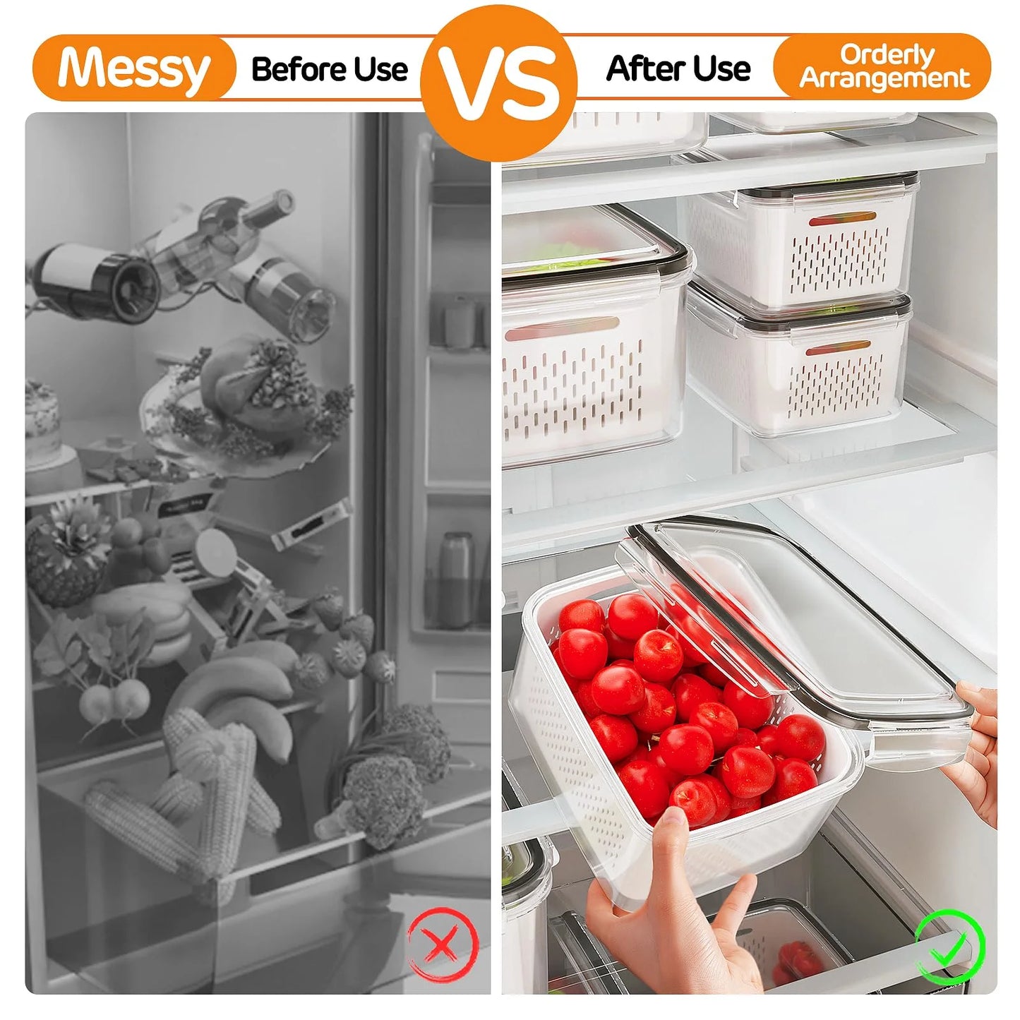 5 Pack Leakproof Fruit & Veggie Storage Containers with Colanders and Lids - Ultimate Fridge Organizer for Freshness