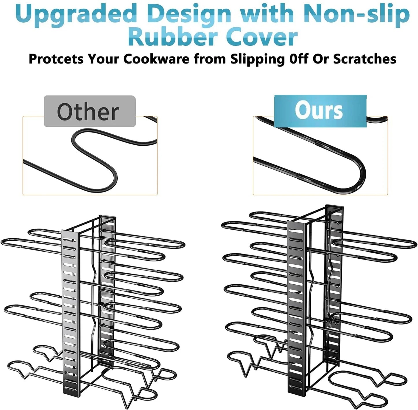 8-Tier Pot and Pan Organizer Rack – Upgraded Kitchen Storage Solution for Cookware and Lids