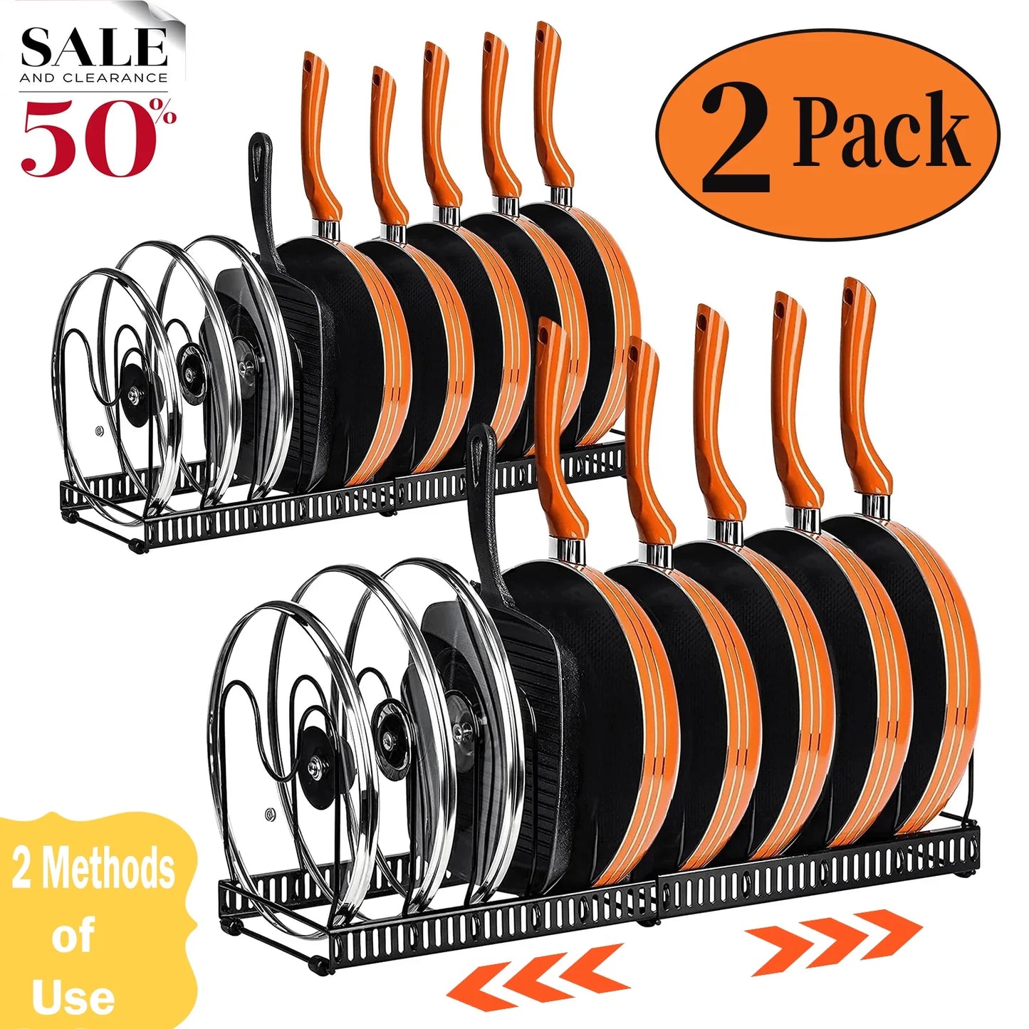 8-Tier Pot and Pan Organizer Rack – Upgraded Kitchen Storage Solution for Cookware and Lids