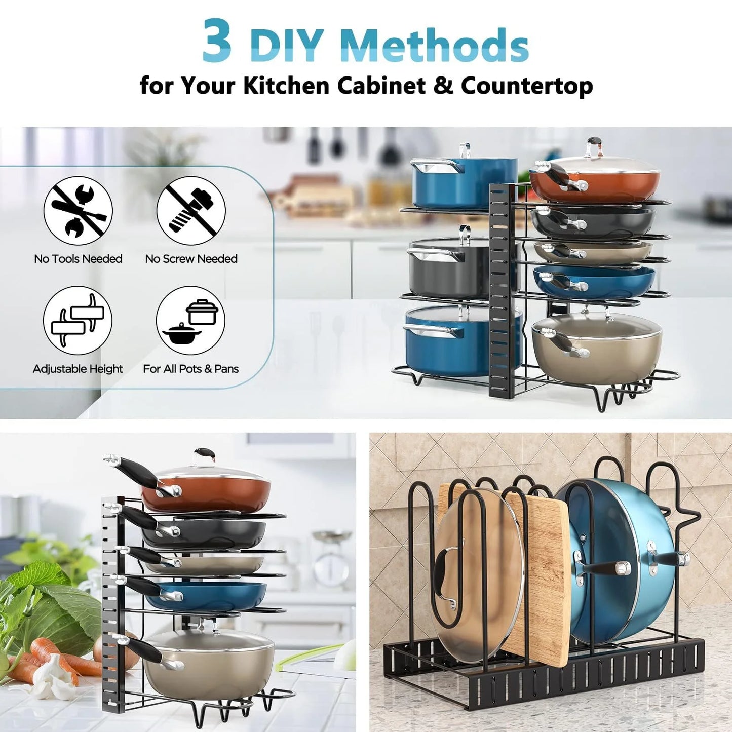 8-Tier Pot and Pan Organizer Rack – Upgraded Kitchen Storage Solution for Cookware and Lids