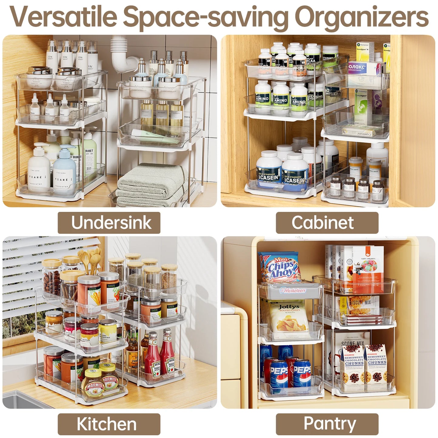 Maximize Your Space with 3 Tier Pull-Out Under Sink Organizer - 2 Sets of Stackable Bathroom & Pantry Storage Solutions!