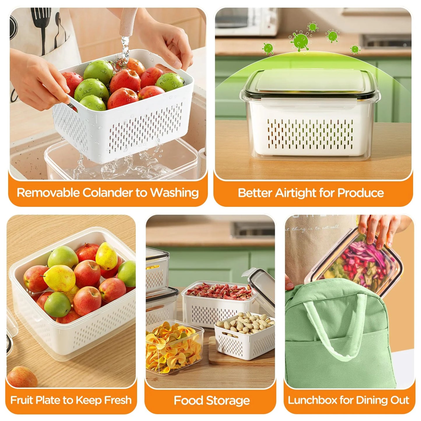 5 Pack Leakproof Fruit & Veggie Storage Containers with Colanders and Lids - Ultimate Fridge Organizer for Freshness