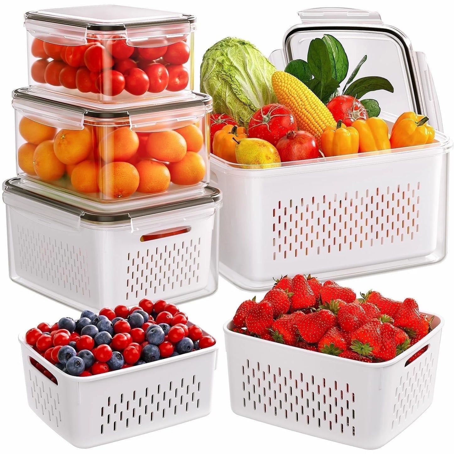 5 Pack Leakproof Fruit & Veggie Storage Containers with Colanders and Lids - Ultimate Fridge Organizer for Freshness