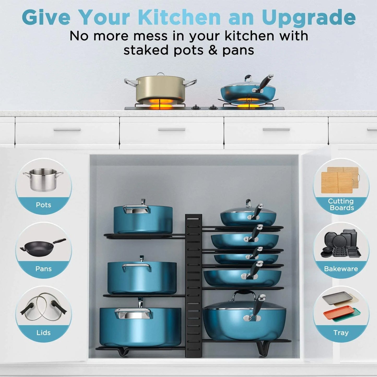 8-Tier Pot and Pan Organizer Rack – Upgraded Kitchen Storage Solution for Cookware and Lids