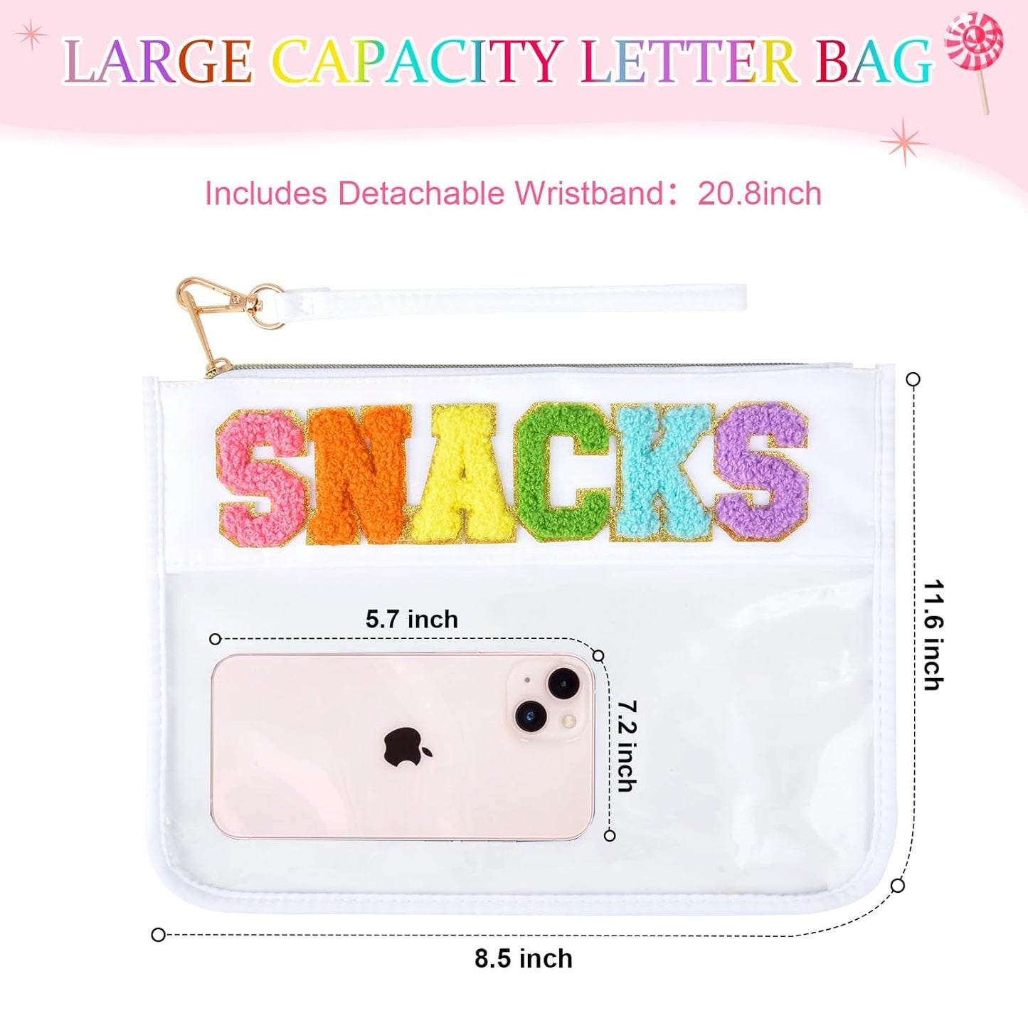 Snack Bags Clear Chenille Letter Pouch Travel Bag Zipper Nylon Makeup Bag Organizer Cosmetic Pouch Toiletry Bag Waterproof Summer Travel Gifts for Women