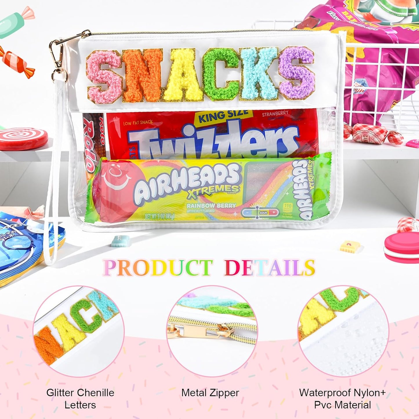 Snack Bags Clear Chenille Letter Pouch Travel Bag Zipper Nylon Makeup Bag Organizer Cosmetic Pouch Toiletry Bag Waterproof Summer Travel Gifts for Women