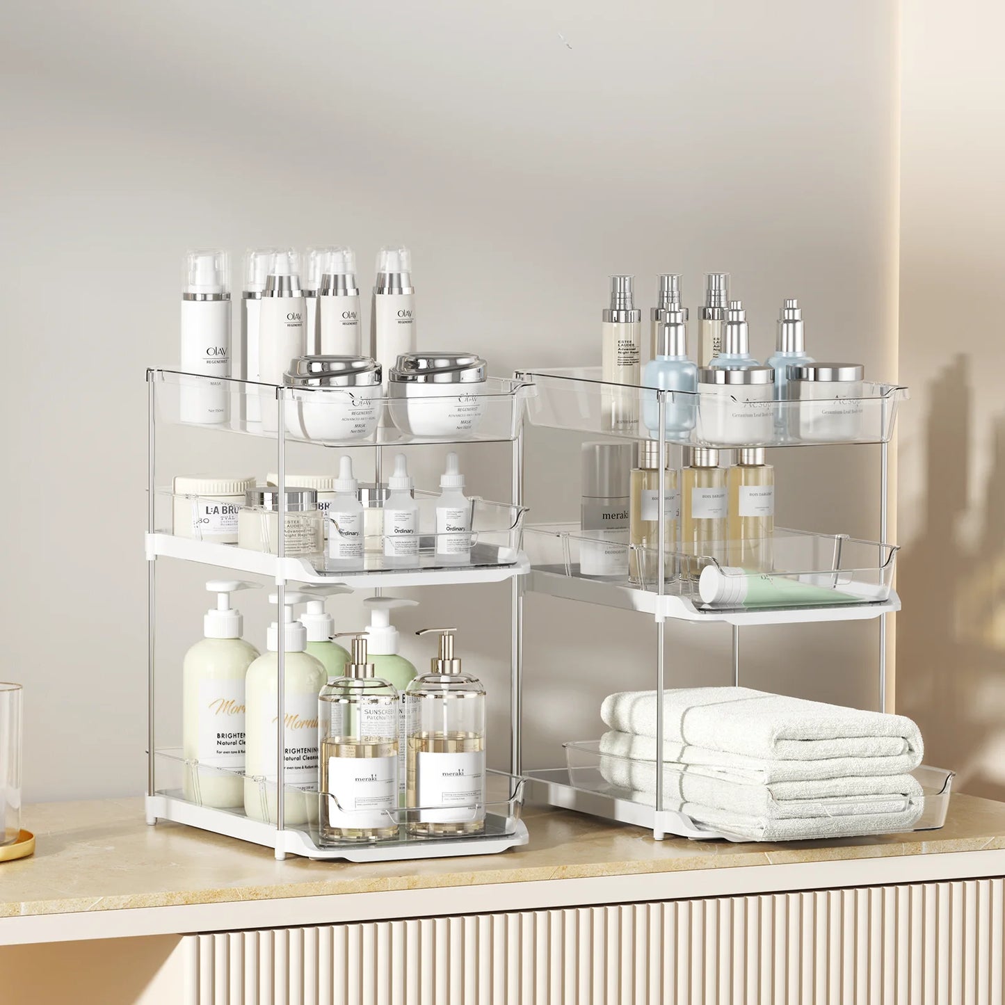 Maximize Your Space with 3 Tier Pull-Out Under Sink Organizer - 2 Sets of Stackable Bathroom & Pantry Storage Solutions!