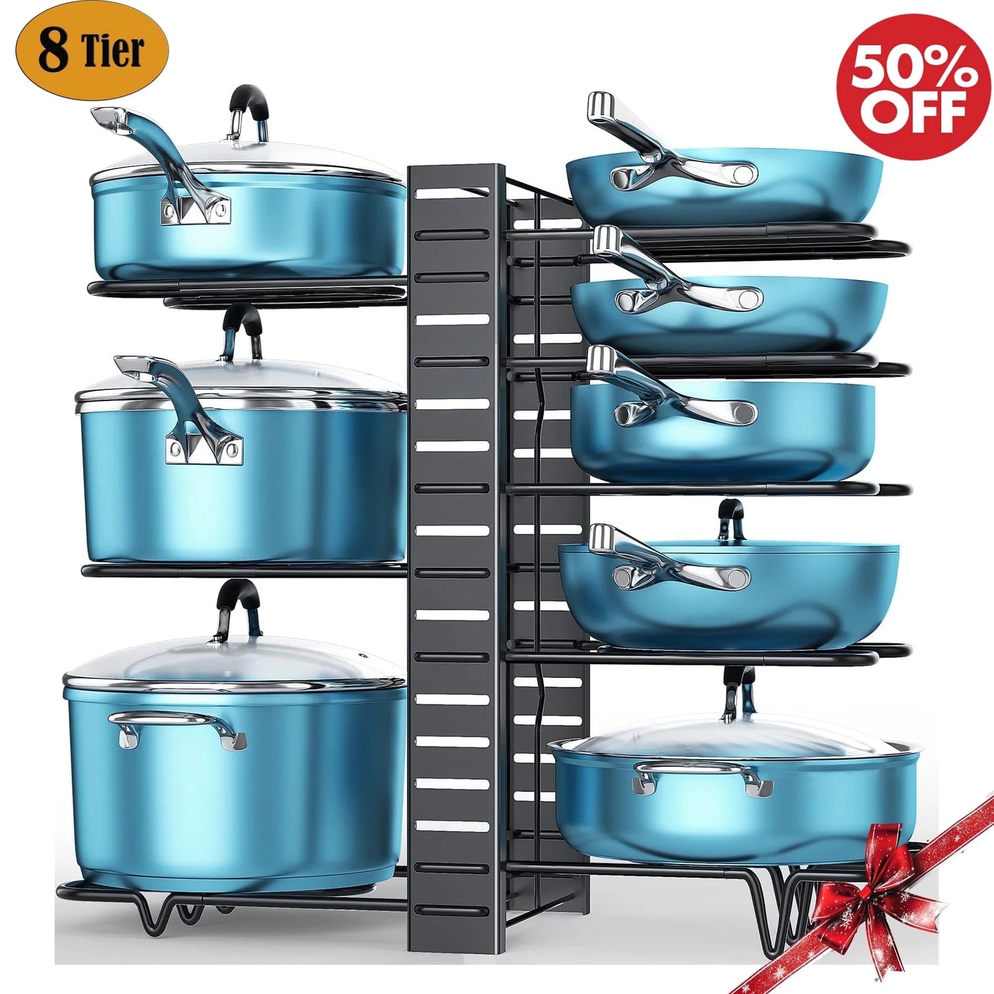 8-Tier Pot and Pan Organizer Rack – Upgraded Kitchen Storage Solution for Cookware and Lids