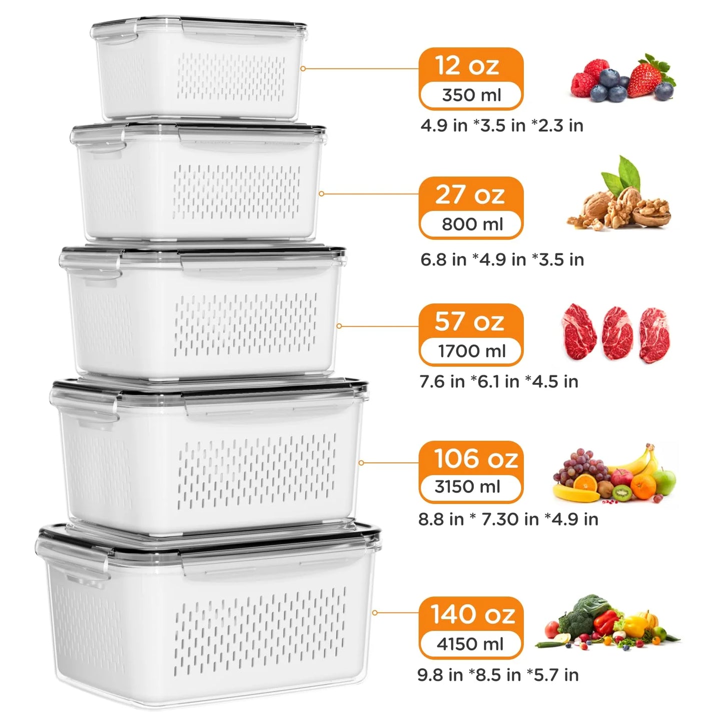 5 Pack Leakproof Fruit & Veggie Storage Containers with Colanders and Lids - Ultimate Fridge Organizer for Freshness