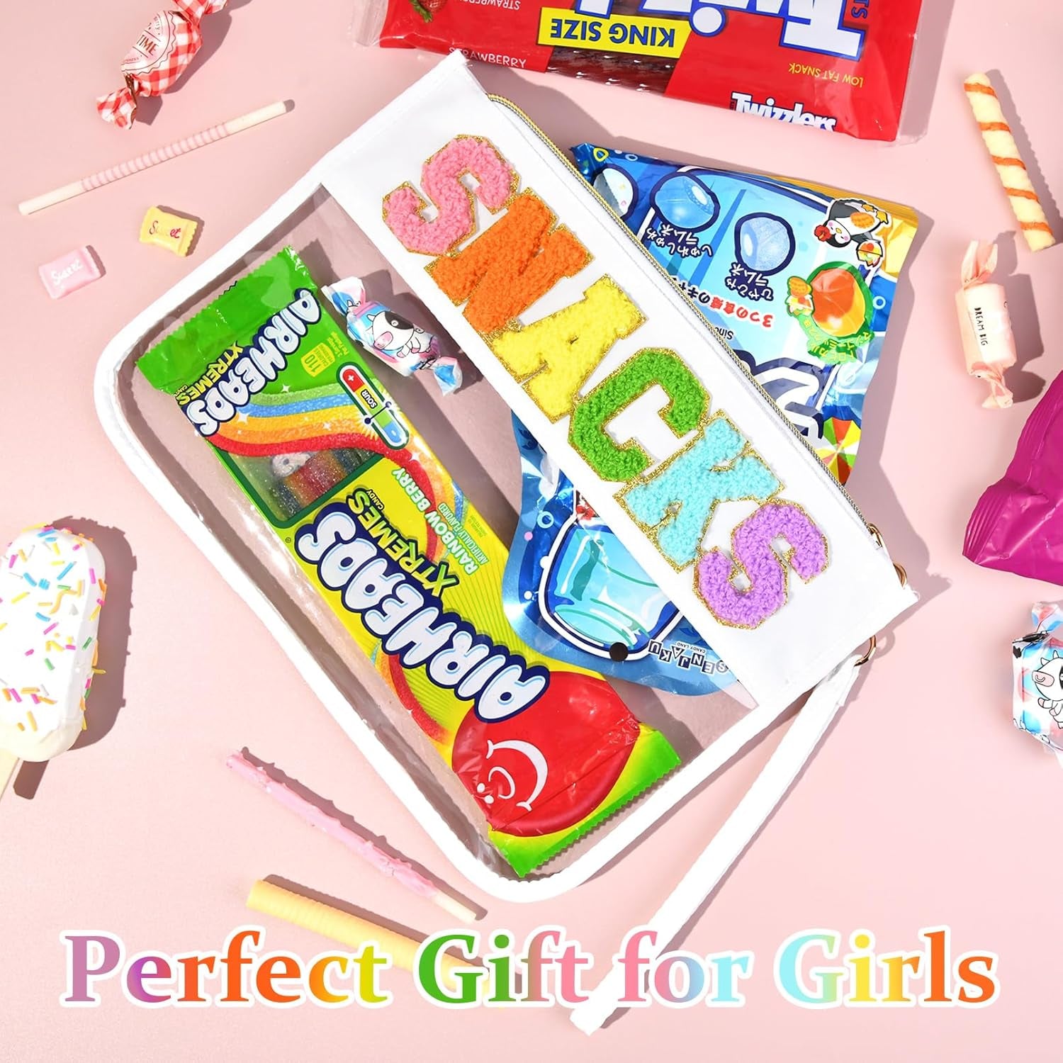 Snack Bags Clear Chenille Letter Pouch Travel Bag Zipper Nylon Makeup Bag Organizer Cosmetic Pouch Toiletry Bag Waterproof Summer Travel Gifts for Women