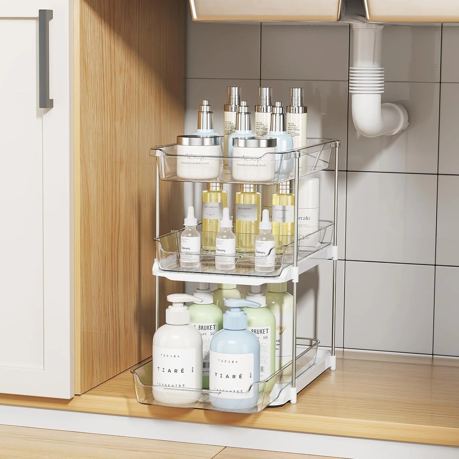 Maximize Your Space with 3 Tier Pull-Out Under Sink Organizer - 2 Sets of Stackable Bathroom & Pantry Storage Solutions!