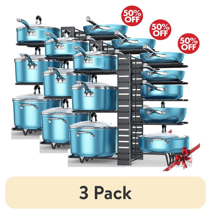 8-Tier Pot and Pan Organizer Rack – Upgraded Kitchen Storage Solution for Cookware and Lids