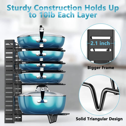 8-Tier Pot and Pan Organizer Rack – Upgraded Kitchen Storage Solution for Cookware and Lids