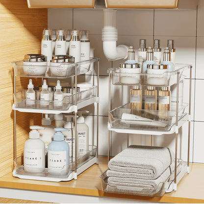 Maximize Your Space with 3 Tier Pull-Out Under Sink Organizer - 2 Sets of Stackable Bathroom & Pantry Storage Solutions!