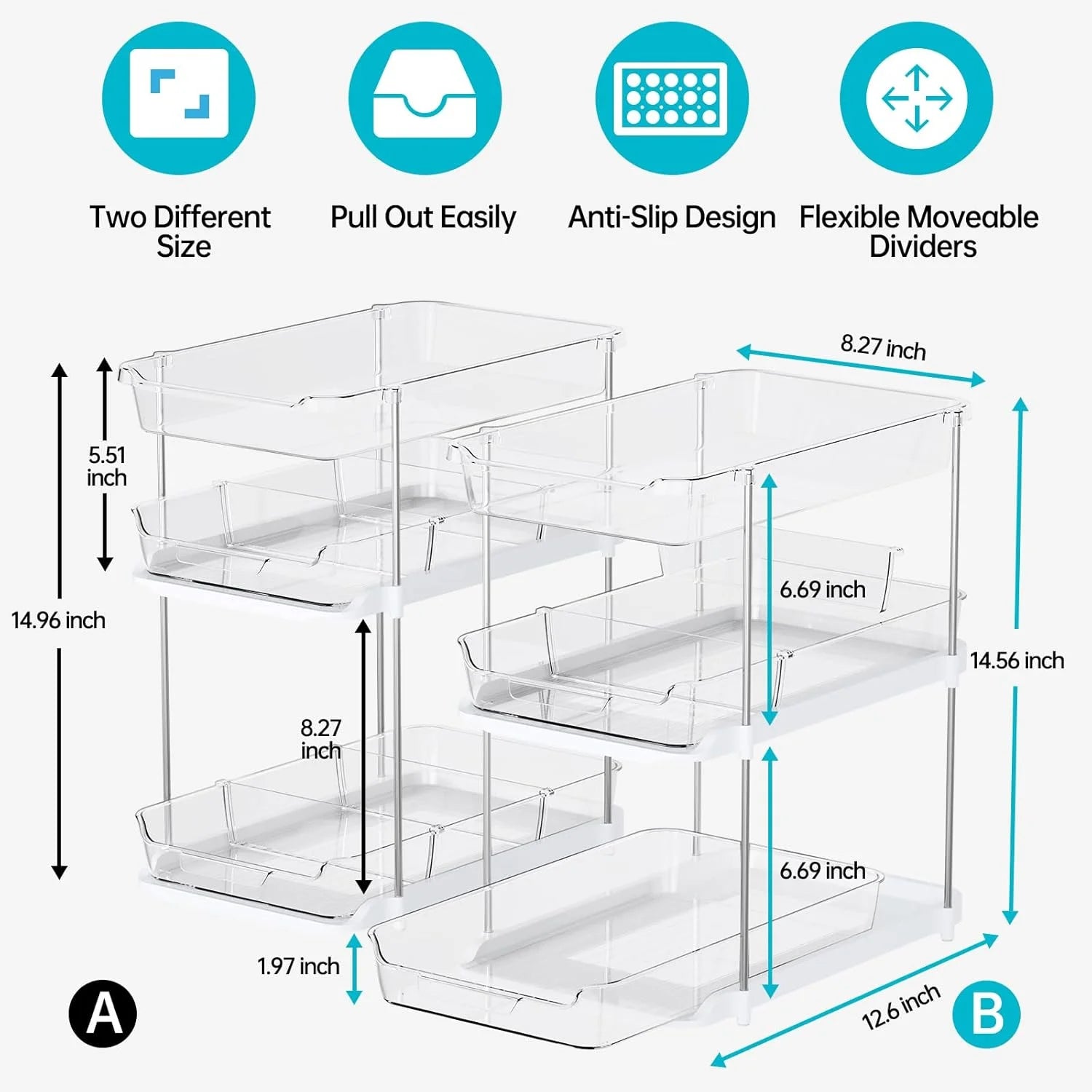 Maximize Your Space with 3 Tier Pull-Out Under Sink Organizer - 2 Sets of Stackable Bathroom & Pantry Storage Solutions!