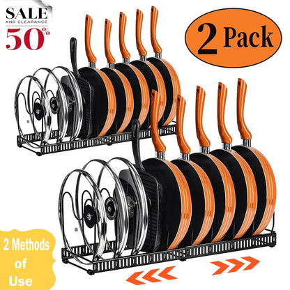 8-Tier Pot and Pan Organizer Rack – Upgraded Kitchen Storage Solution for Cookware and Lids