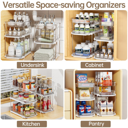 Maximize Your Space with 3 Tier Pull-Out Under Sink Organizer - 2 Sets of Stackable Bathroom & Pantry Storage Solutions!