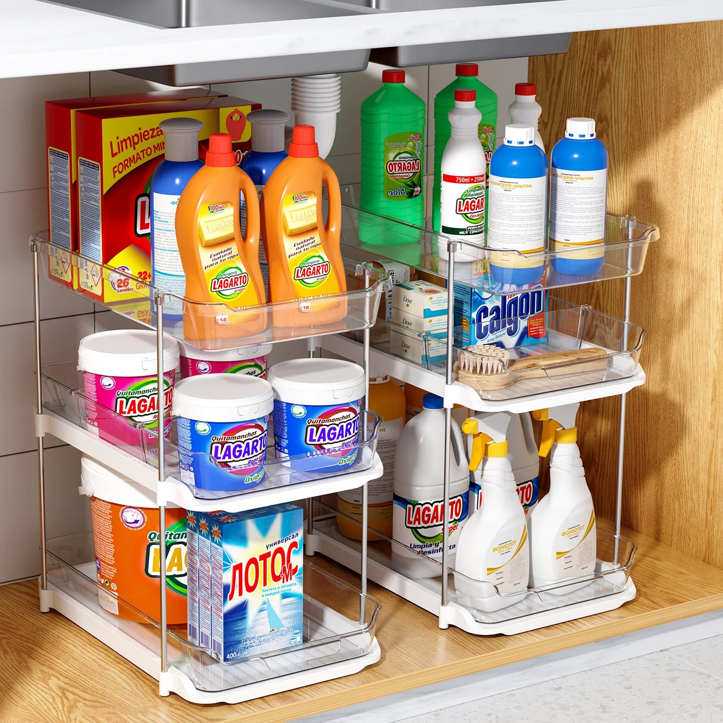 Maximize Your Space with 3 Tier Pull-Out Under Sink Organizer - 2 Sets of Stackable Bathroom & Pantry Storage Solutions!