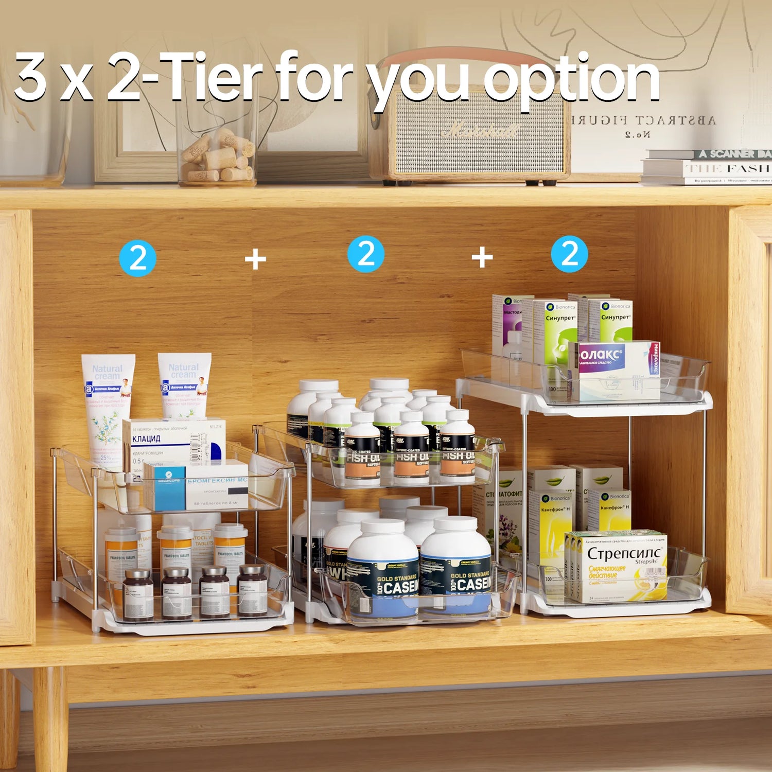 Maximize Your Space with 3 Tier Pull-Out Under Sink Organizer - 2 Sets of Stackable Bathroom & Pantry Storage Solutions!