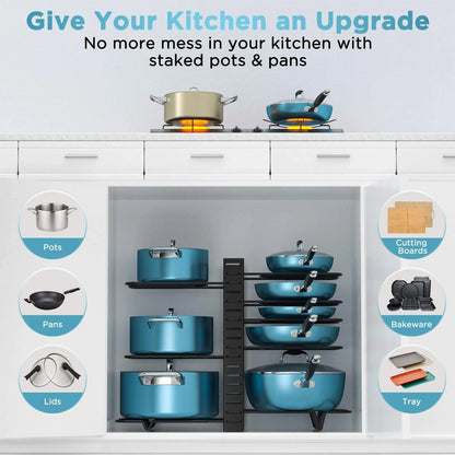 8-Tier Pot and Pan Organizer Rack – Upgraded Kitchen Storage Solution for Cookware and Lids