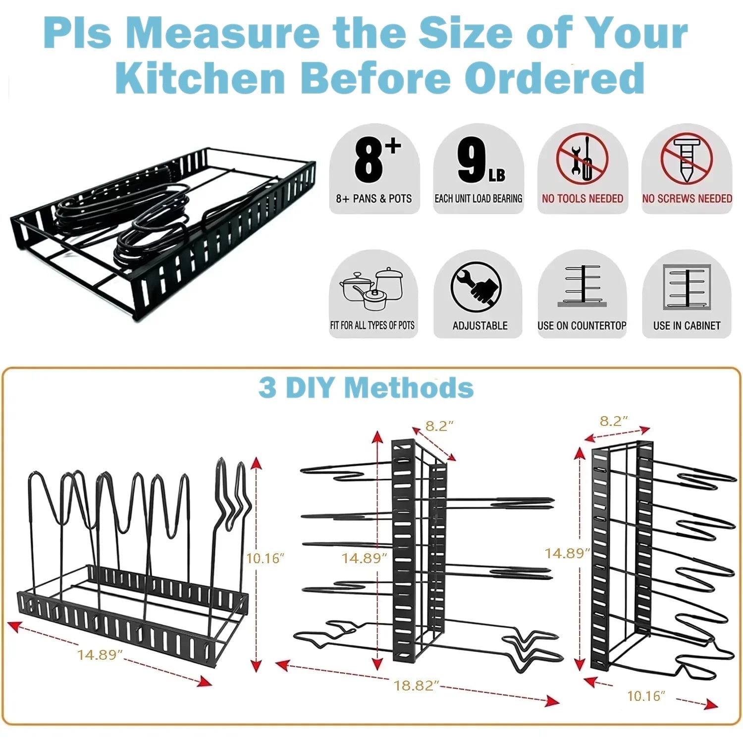 8-Tier Pot and Pan Organizer Rack – Upgraded Kitchen Storage Solution for Cookware and Lids