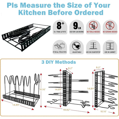 8-Tier Pot and Pan Organizer Rack – Upgraded Kitchen Storage Solution for Cookware and Lids