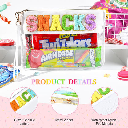 Snack Bags Clear Chenille Letter Pouch Travel Bag Zipper Nylon Makeup Bag Organizer Cosmetic Pouch Toiletry Bag Waterproof Summer Travel Gifts for Women