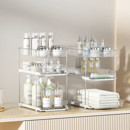 Maximize Your Space with 3 Tier Pull-Out Under Sink Organizer - 2 Sets of Stackable Bathroom & Pantry Storage Solutions!