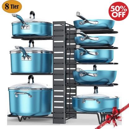 8-Tier Pot and Pan Organizer Rack – Upgraded Kitchen Storage Solution for Cookware and Lids