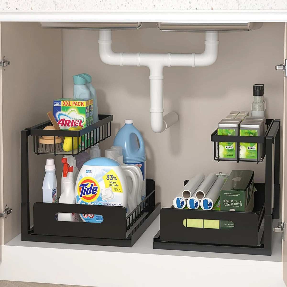 Maximize Your Space with 2 Pack Under Sink Pull Out Organizer - Slide Out Cabinet Storage Shelves